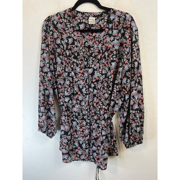 Terra Sky Belted Floral Tunic Blouse Novelty Print Sz 1X Gathered Sleeve - Picture 2 of 6